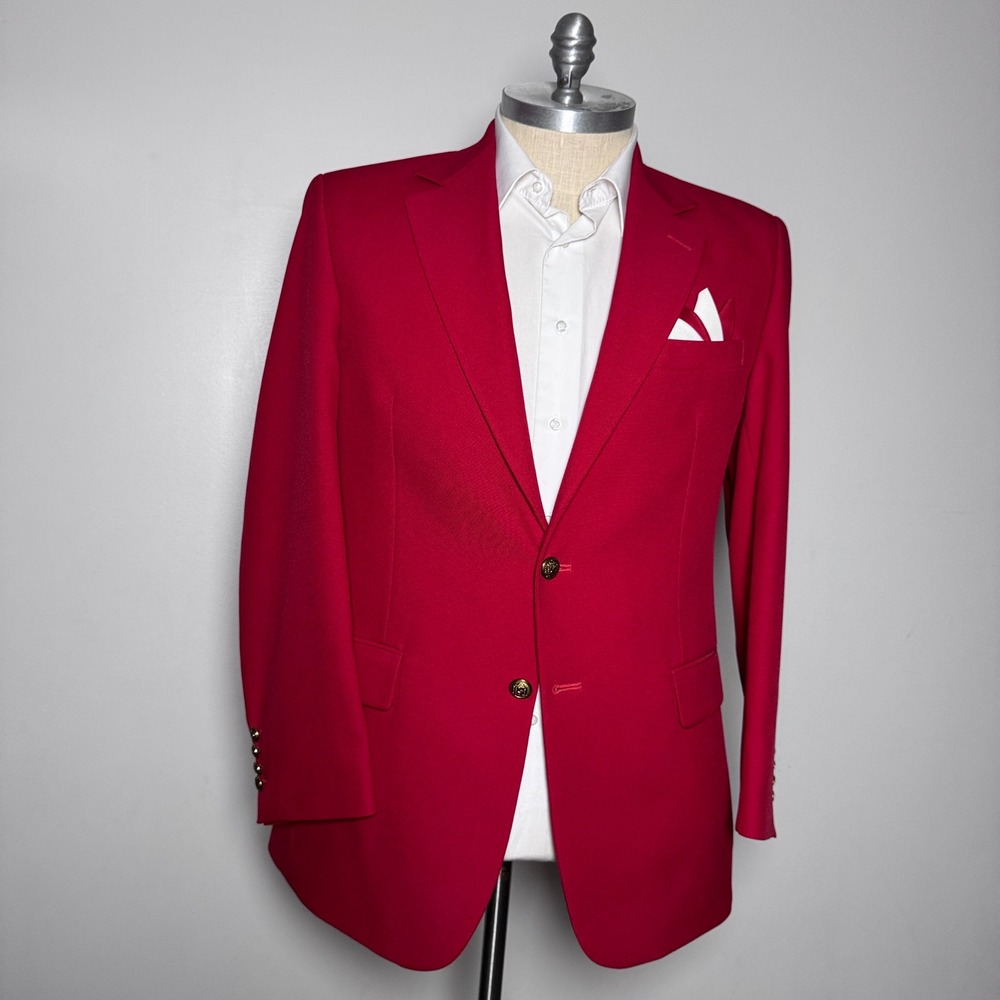 Hardwick Clothes Blazer Mens 42L Red Solid Gold Crest Button 2-Button USA Made